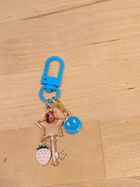 Blue Keychain Charm with Star, Strawberry & Smile Charms
